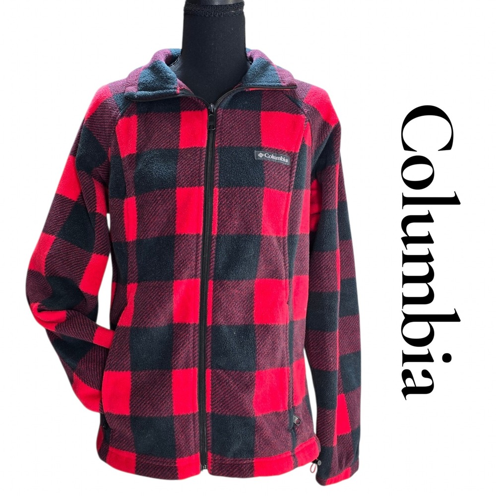 Columbia Fleece Jacket Womens Medium M Red Black Buffalo Plaid Full Zip Outdoor
